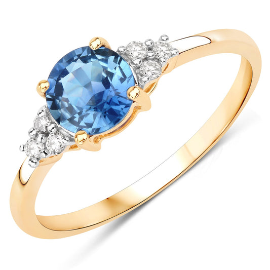 1.08 Carat Genuine Blue Sapphire and White Diamond 14K Yellow Gold Ring