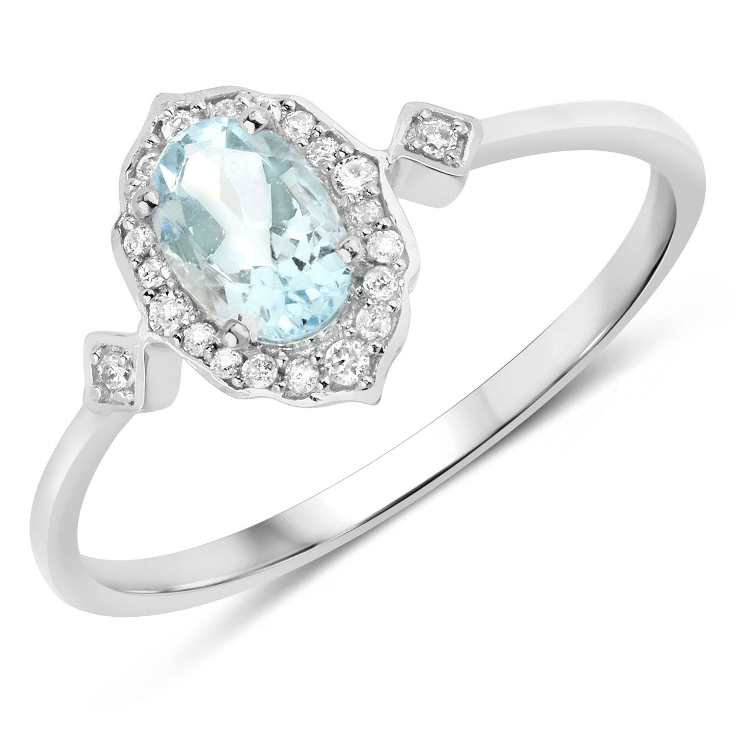0.48 Carat Genuine Aquamarine and White Diamond 14K White Gold Ring