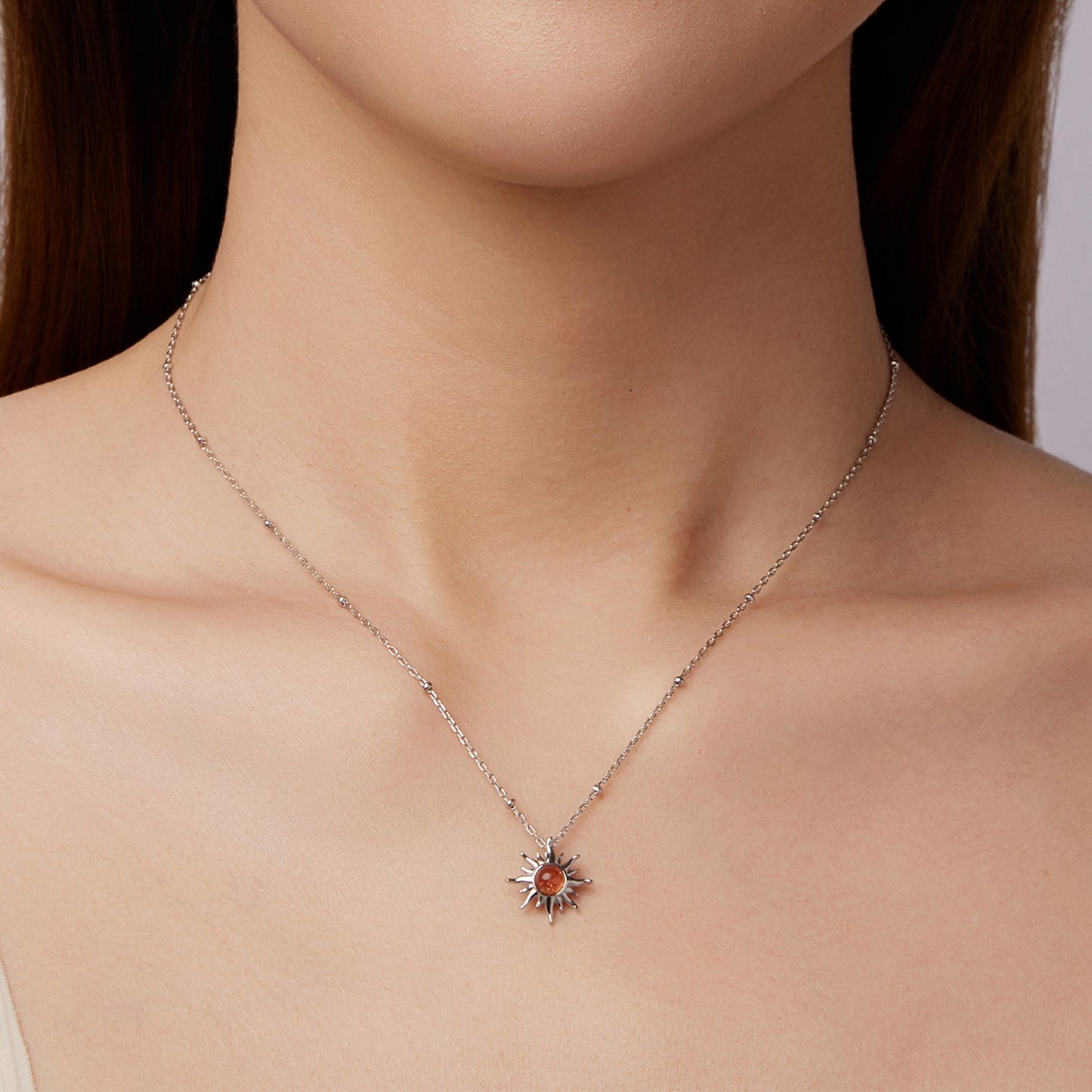 925 Sterling Silver Necklace with Natural Golden Sunstone, 40+5cm, Plated White Gold for Women