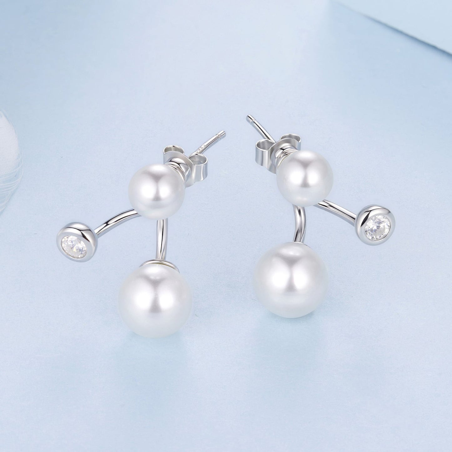 925 Sterling Silver Earrings with CZ and Synthetic Pearl, 1.7cm, White Gold Plated for Women