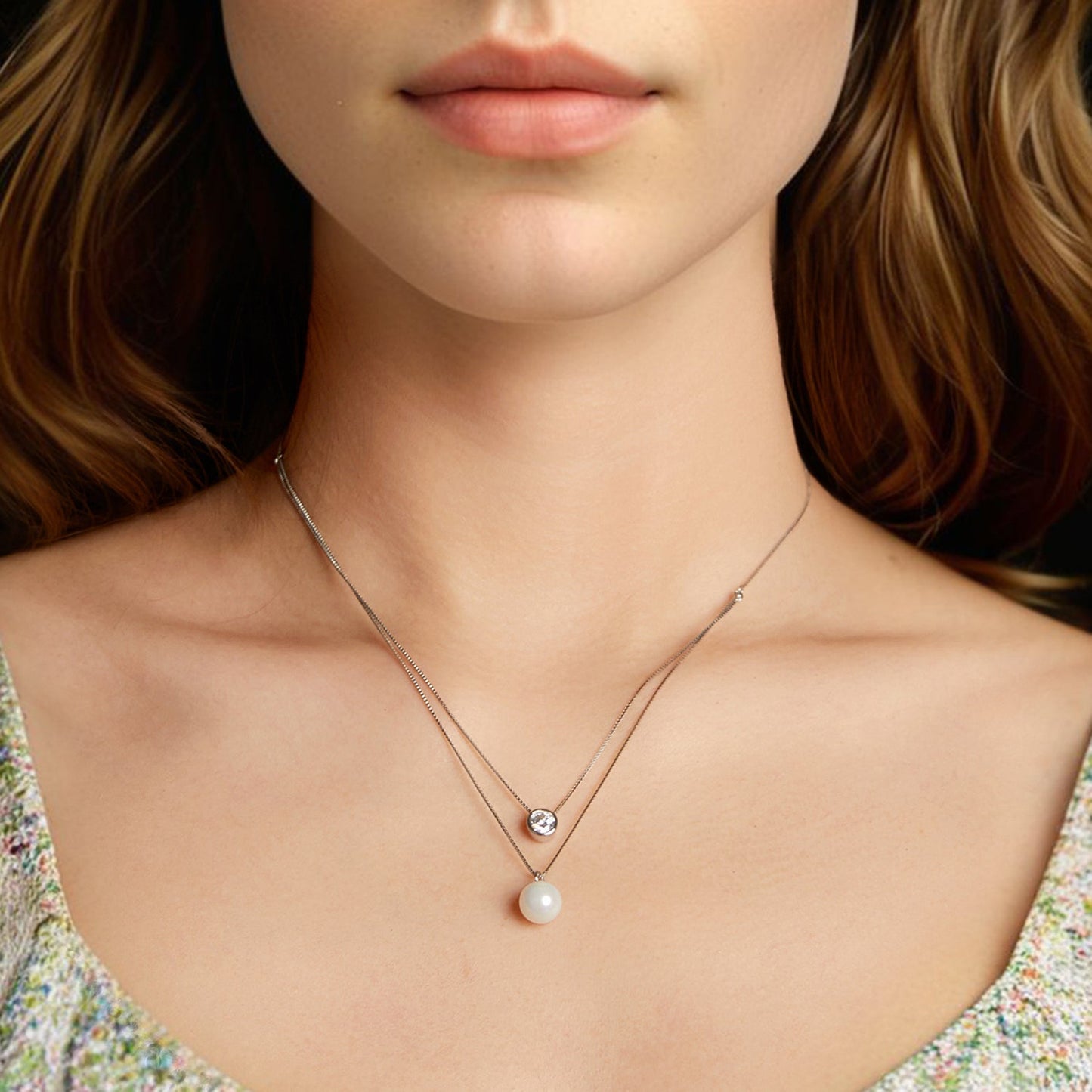 925 Sterling Silver Moissanite & Quality Shell Pearl Necklace for Women - 40+5cm, White Gold Plated