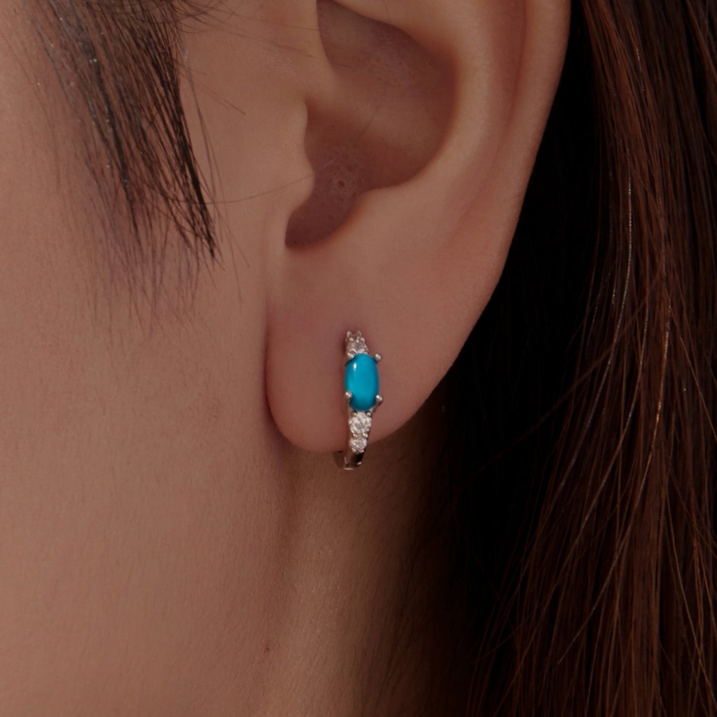 925 Sterling Silver Earrings with Synthetic Turquoise and CZ, White Gold Plated, 1.0cm Hoop for Women