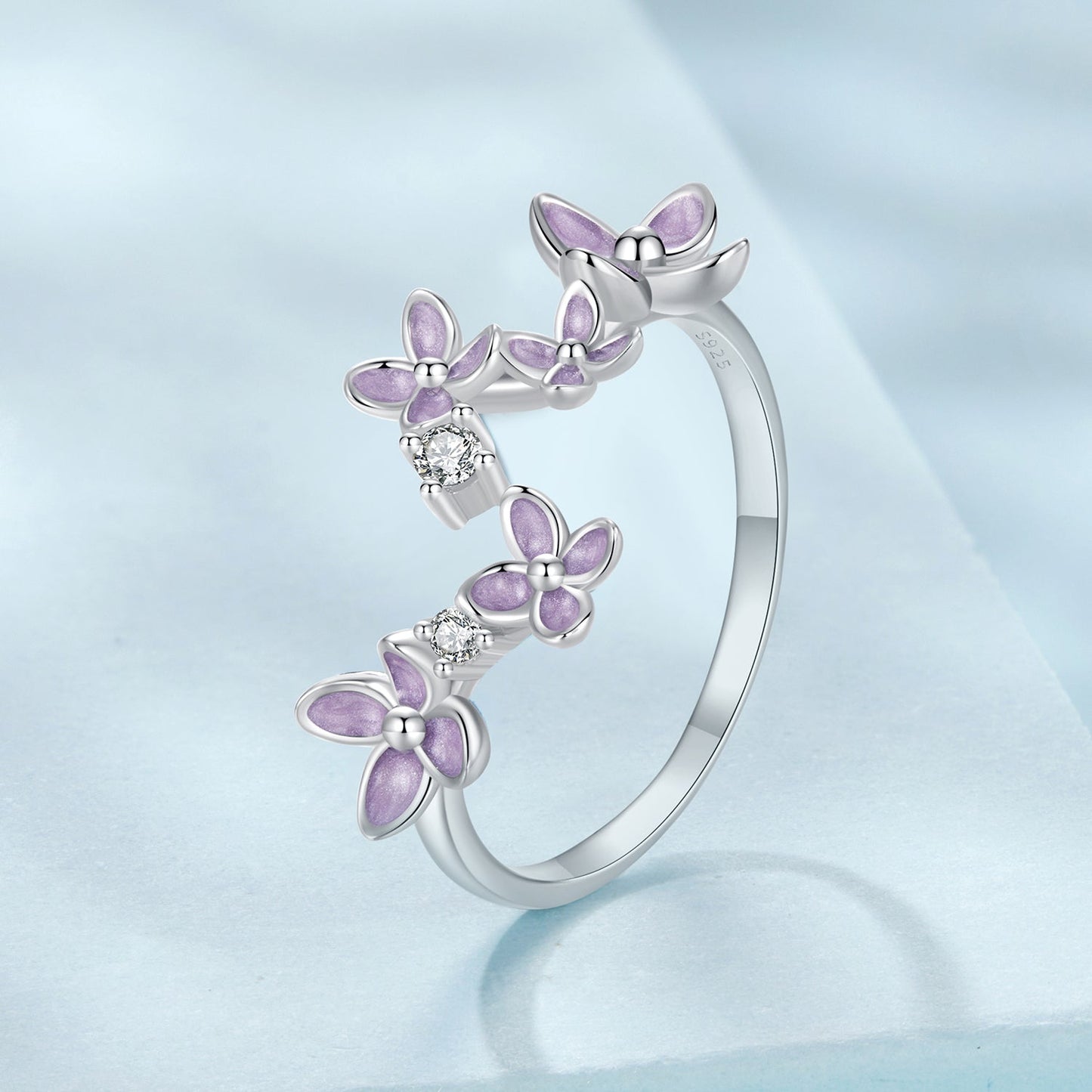 925 Sterling Silver White Gold Plated Ring with Enamel and CZ for Women