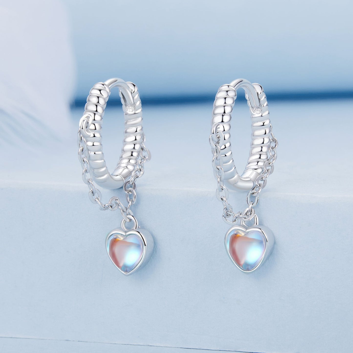 925 Sterling Silver White Gold Plated Moonstone Earrings 23x5mm for Women