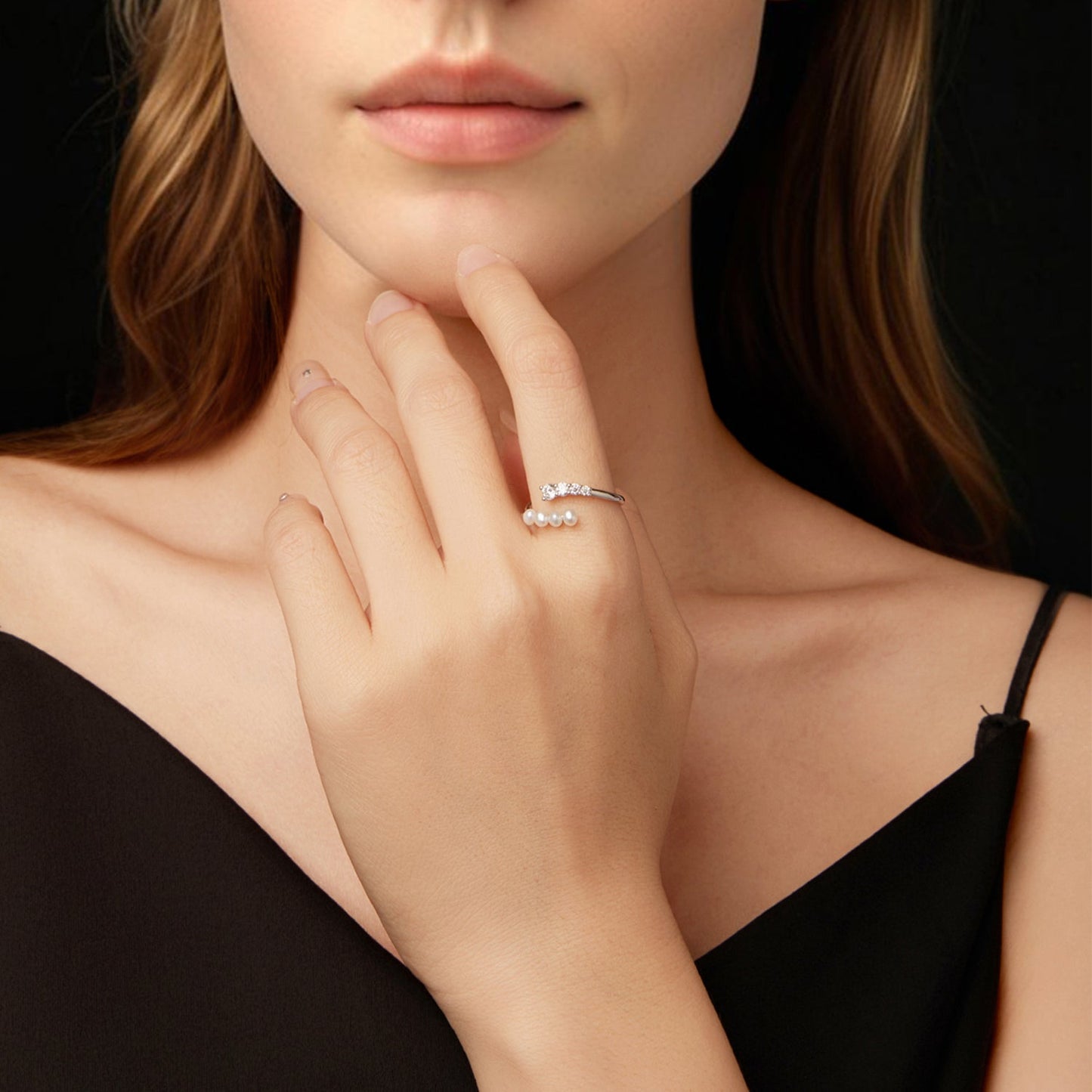 925 Sterling Silver Moissanite & Freshwater Pearl Ring, White Gold Plated, Size E for Women