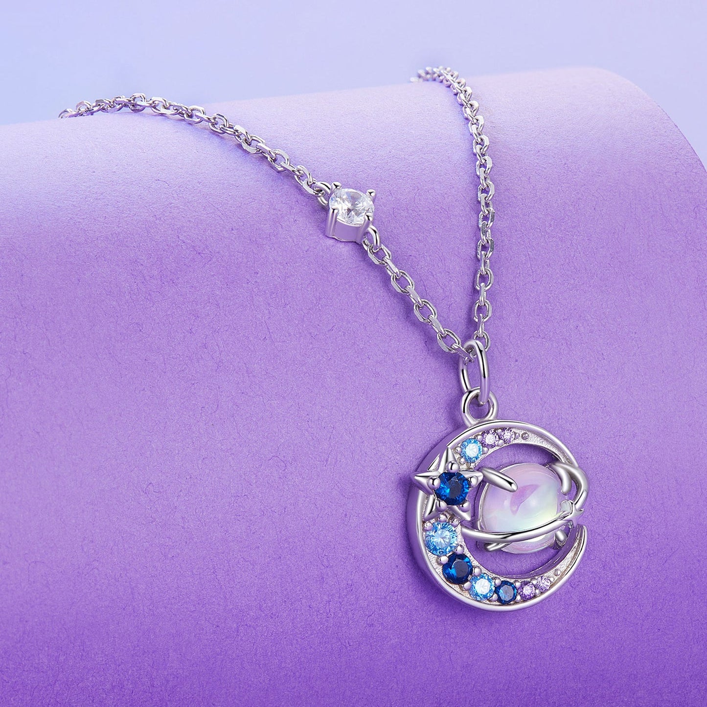 925 Sterling Silver Necklace with Pavé CZ & Transparent Glass Pendant for Women
