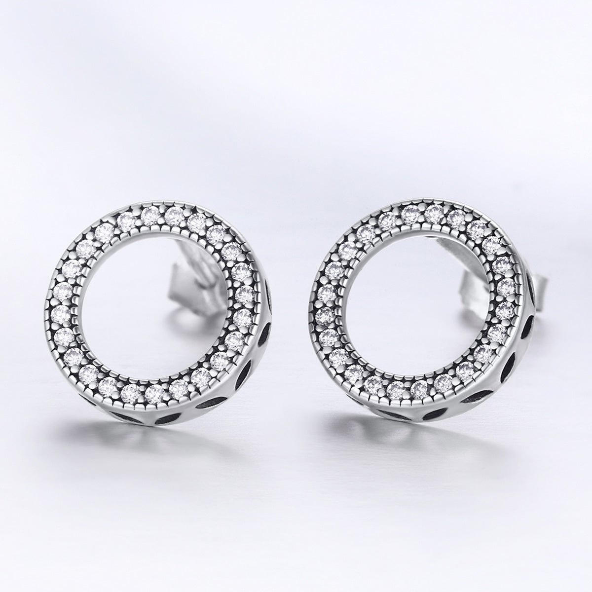 925 Sterling Silver Oxidized Pavé Setting CZ Earrings 1.1cm for Women