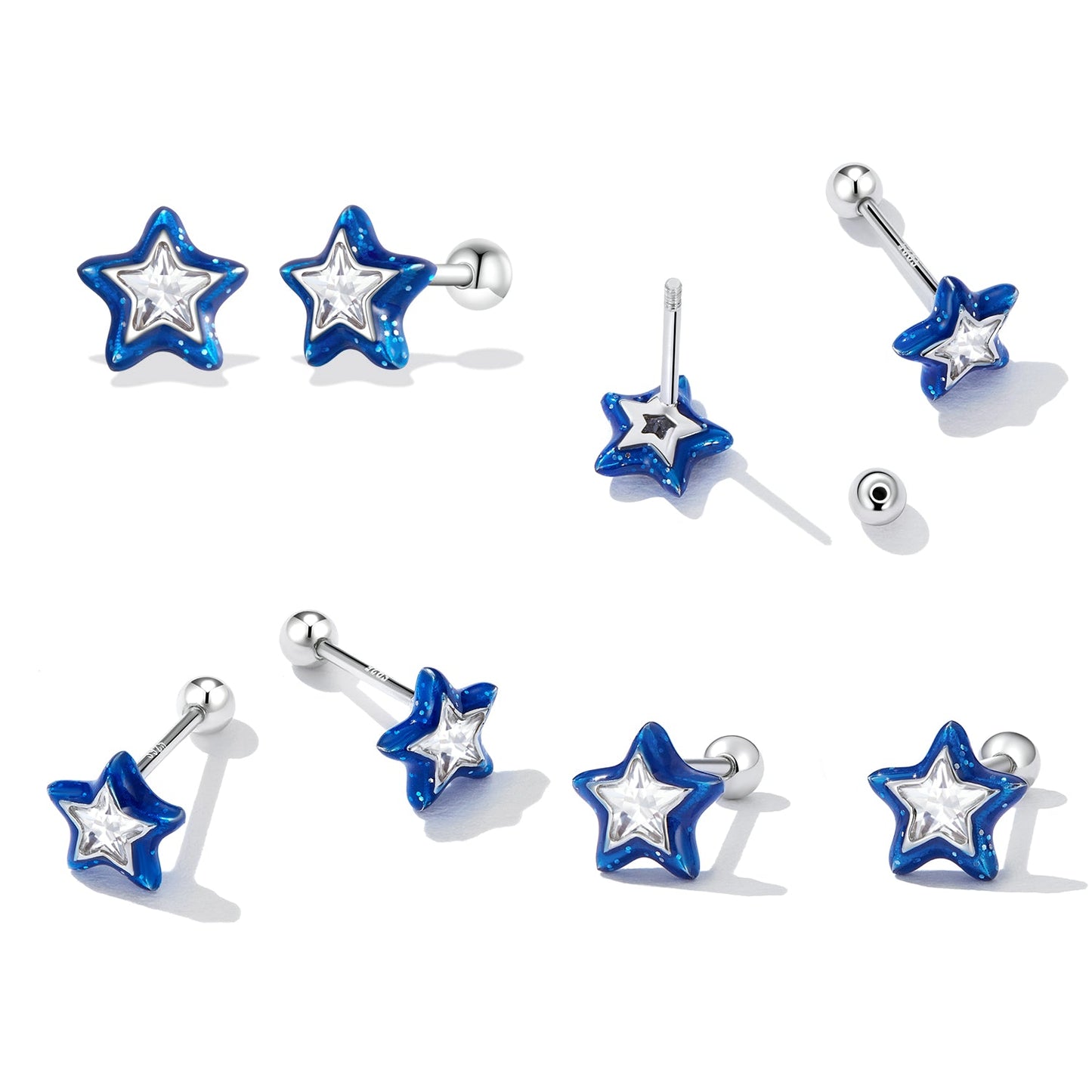 925 Sterling Silver Enamel CZ Stud Earrings in Platinum Plating