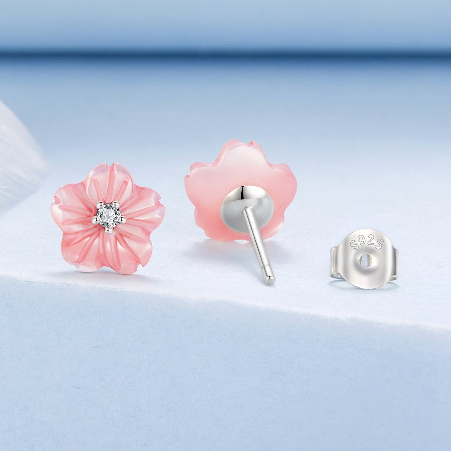 925 Sterling Silver Earrings with High-Quality Nacre and Pavé CZ, Oxidized Silver