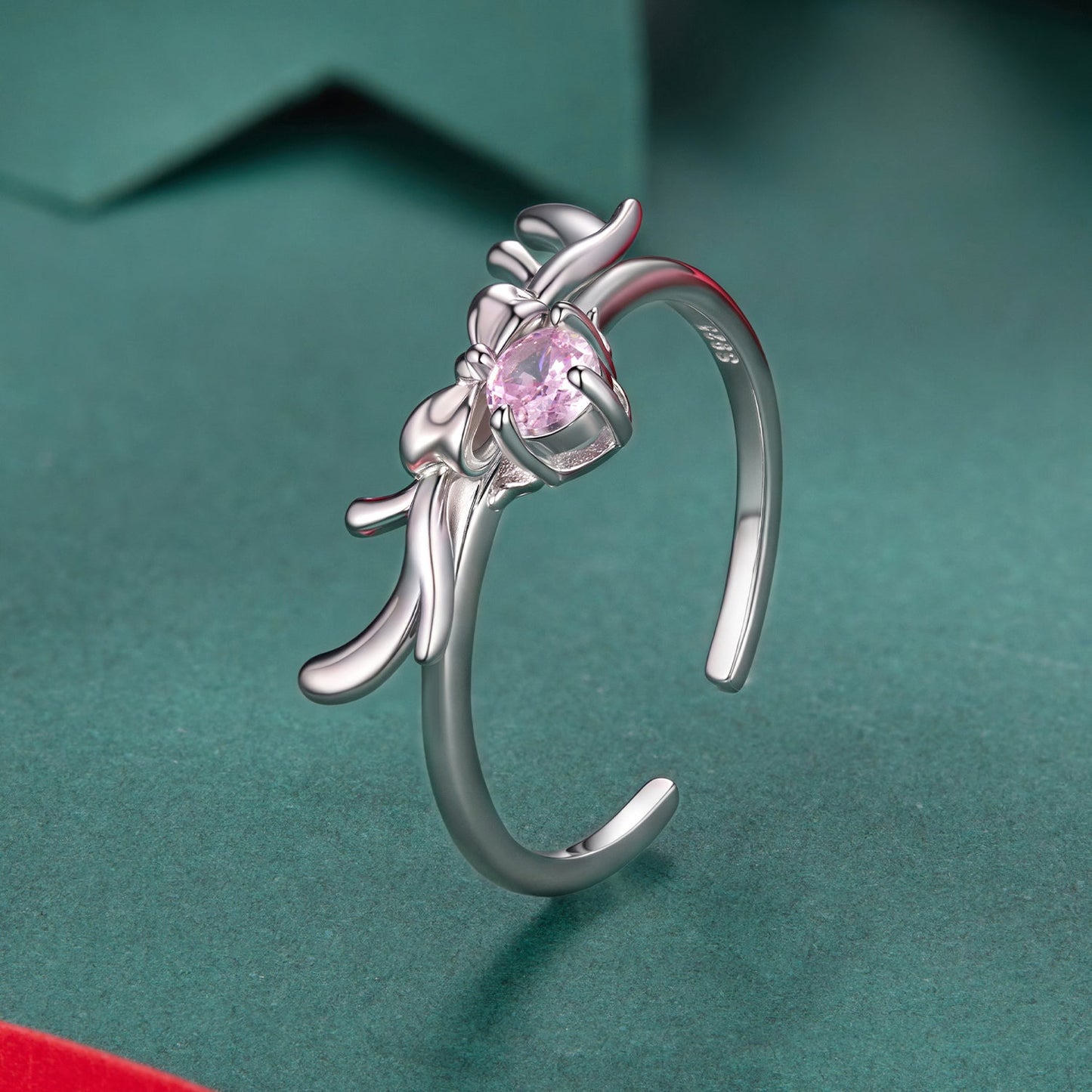 925 Sterling Silver White Gold Plated Bow-Knot Ring with CZ for Women