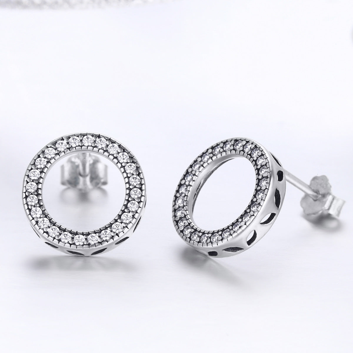 925 Sterling Silver Oxidized Pavé Setting CZ Earrings 1.1cm for Women