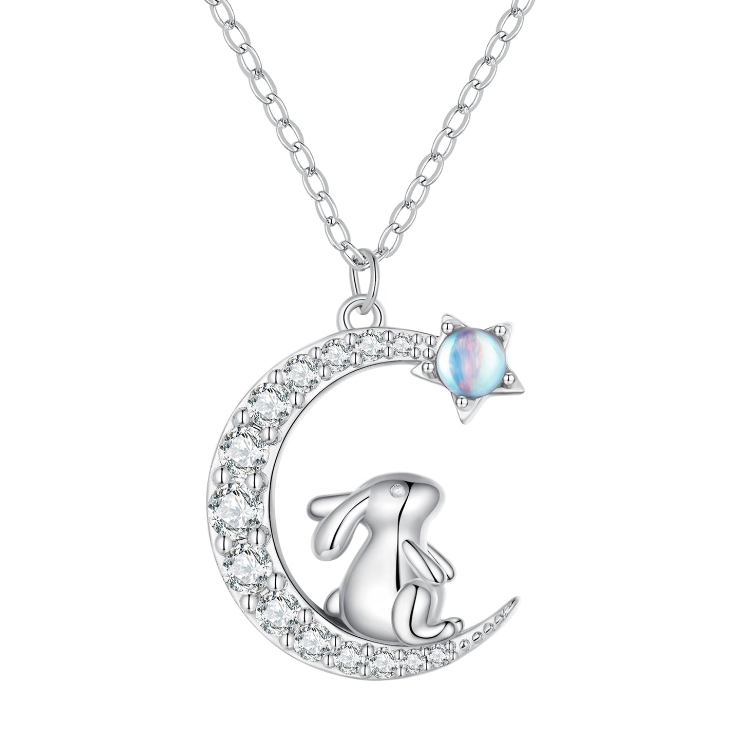925 Sterling Silver Moonstone Necklace with CZ in Platinum Finish for Women