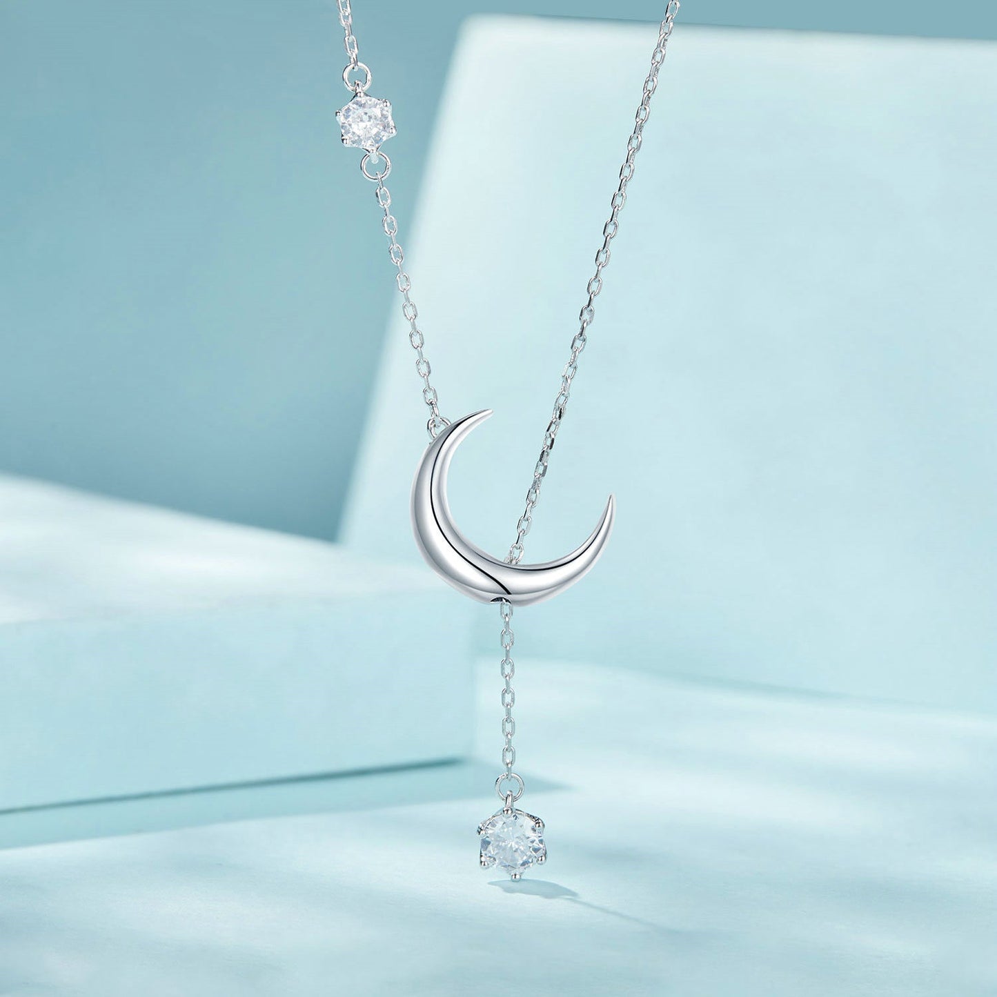925 Sterling Silver Pavé Setting CZ Moon Necklace for Women