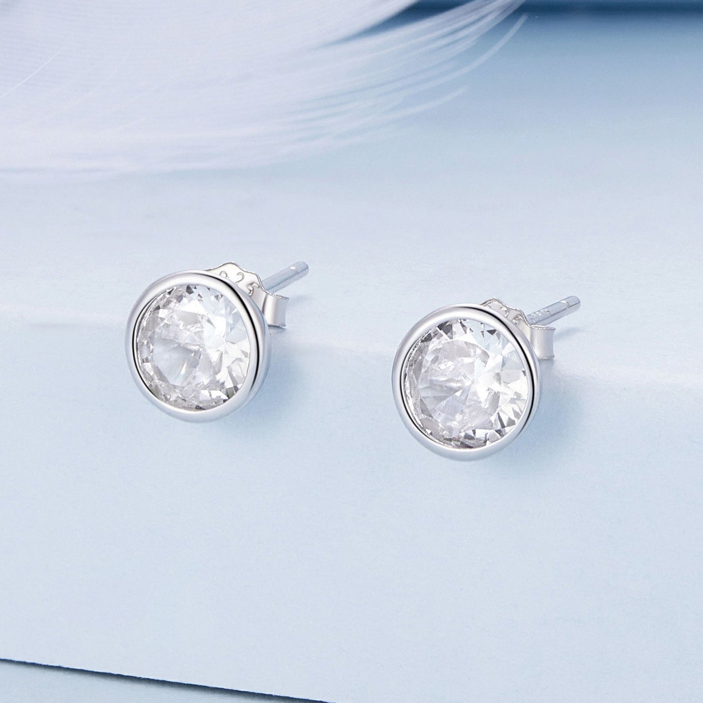 925 Sterling Silver Earrings with Pavé Setting CZ, 7mm, Plated Platinum for Women