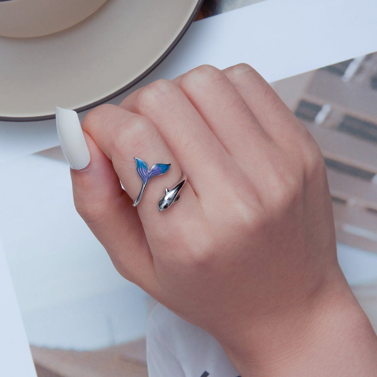 925 Sterling Silver Enamel Plated Puffer Fish Ring