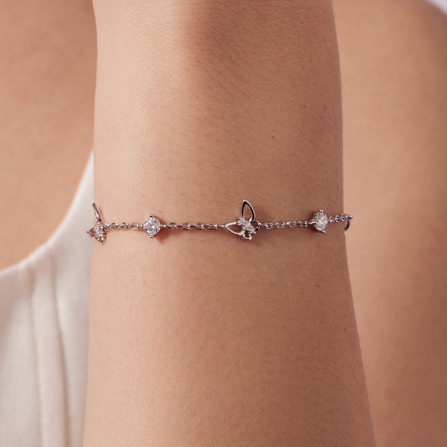 925 Sterling Silver White Gold Plated Bracelet with Moissanite, 15+6cm, for Women