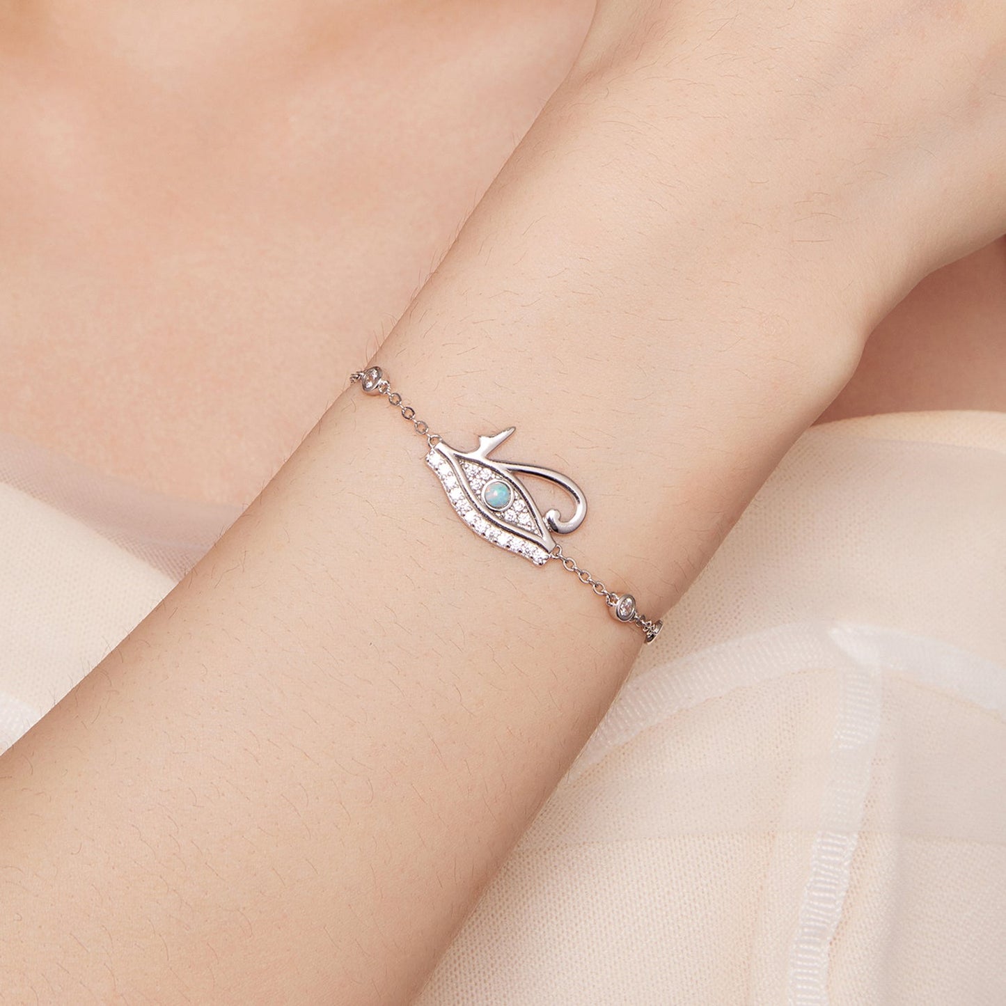 925 Sterling Silver Pavé Setting CZ & Translucent Opal Bracelet 160+50mm for Women