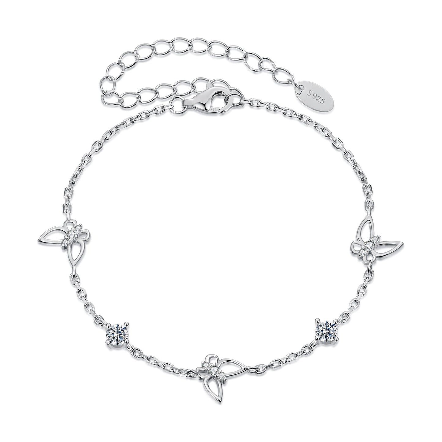925 Sterling Silver White Gold Plated Bracelet with Moissanite, 15+6cm, for Women