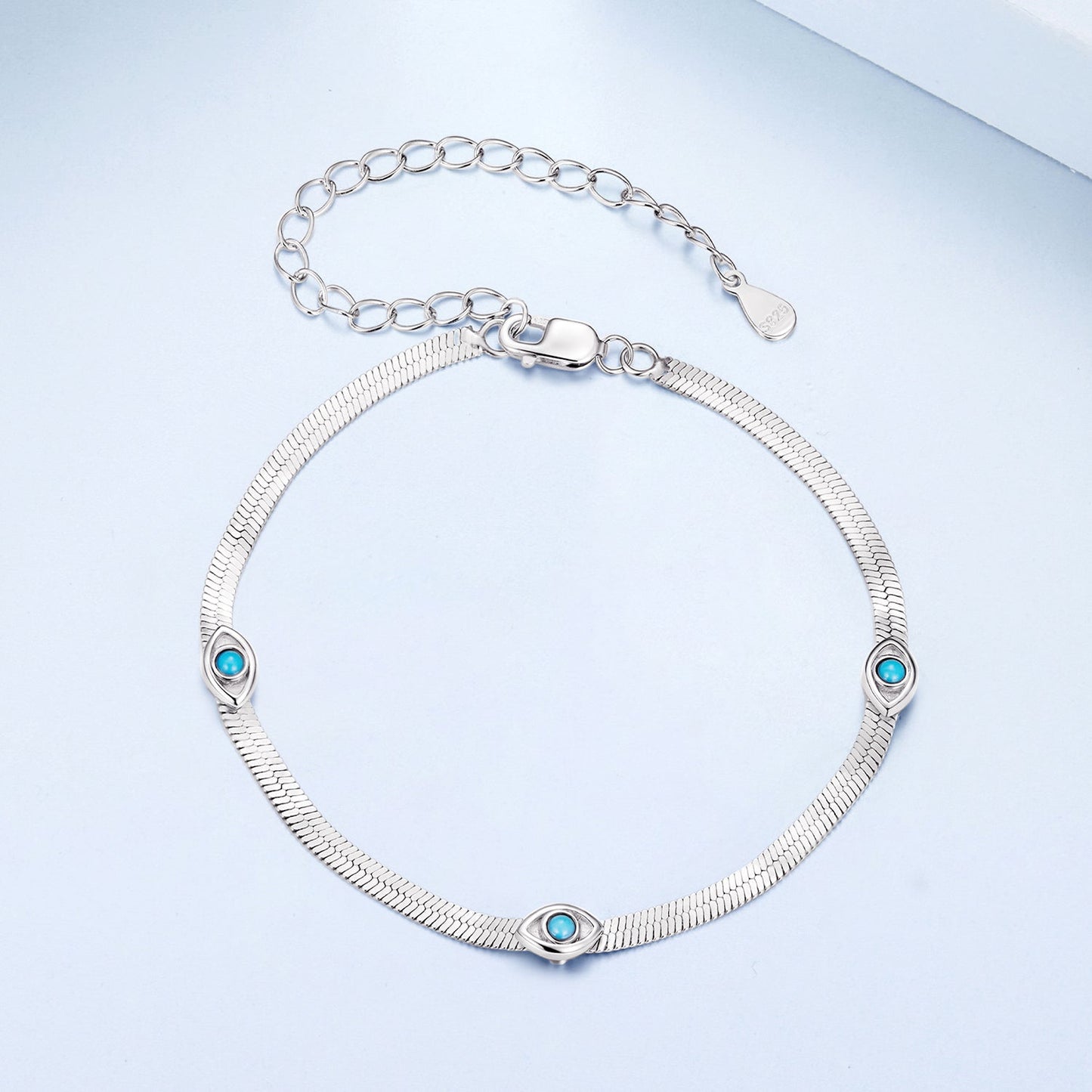 925 Sterling Silver White Gold Plated Multi-Layer Bracelet with Synthetic Turquoise