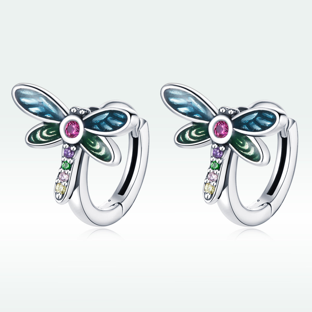 925 Sterling Silver Dragonfly Earrings with CZ and Enamel - 0.9 cm for Women