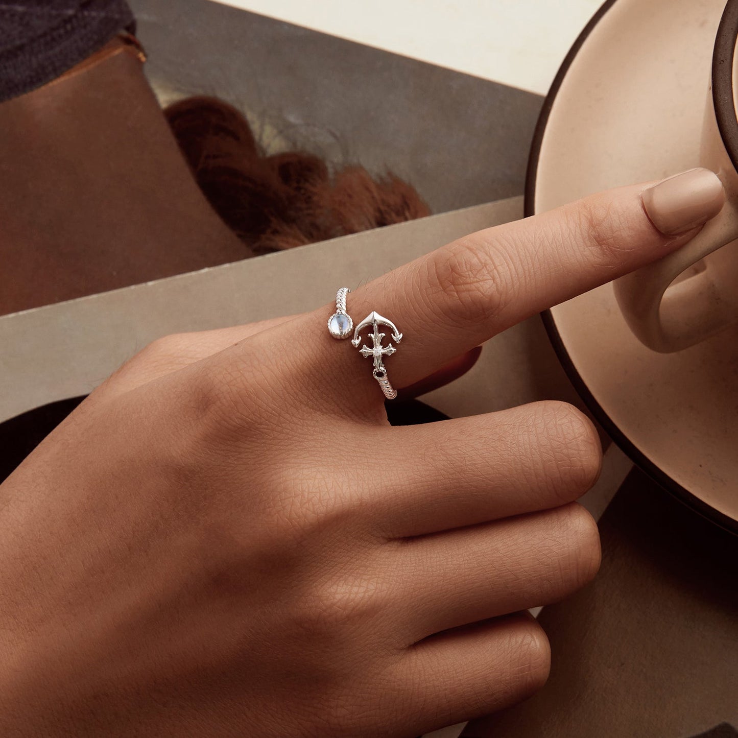 925 Sterling Silver & White Gold Pave Setting Moonstone Ring for Women