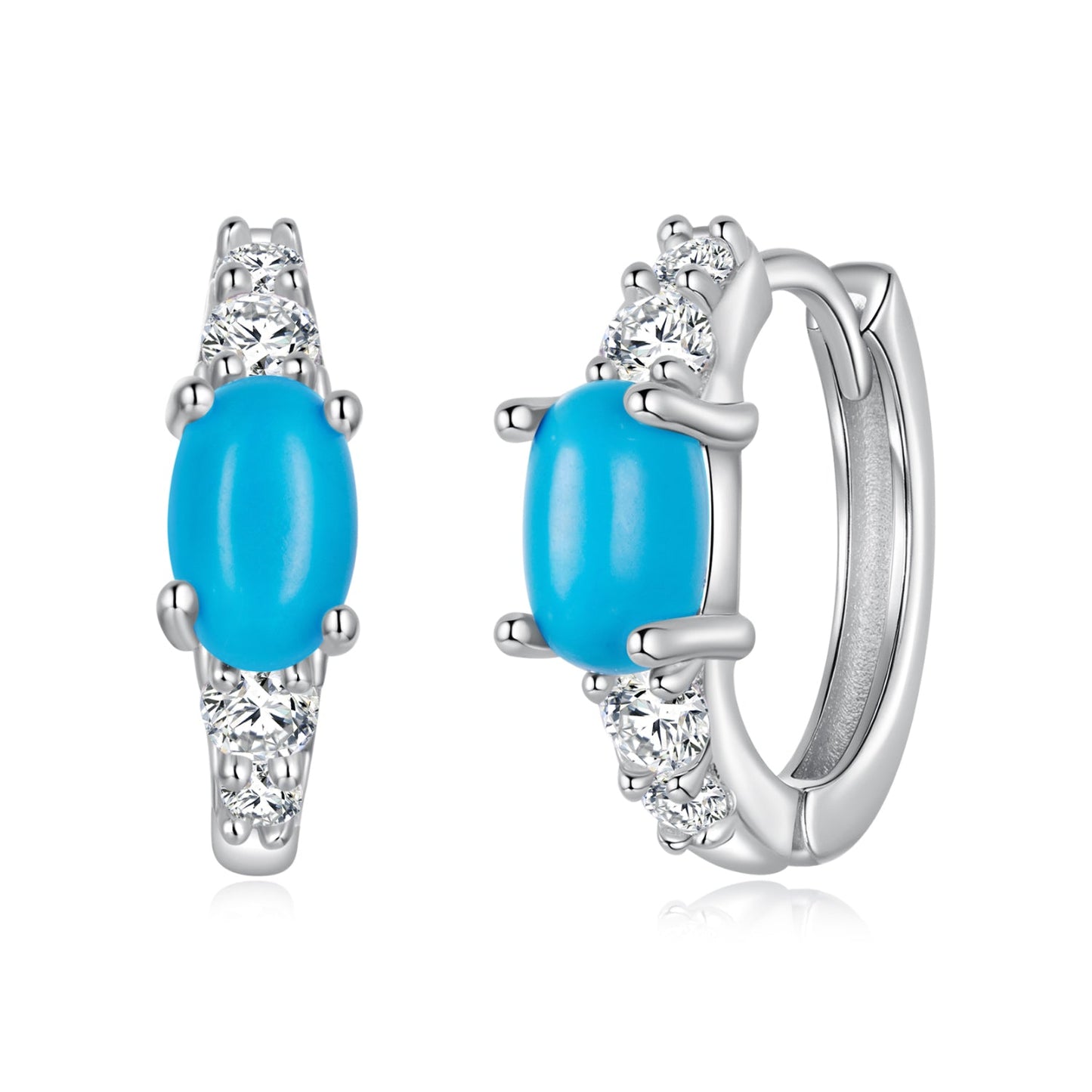 925 Sterling Silver Earrings with Synthetic Turquoise and CZ, White Gold Plated, 1.0cm Hoop for Women
