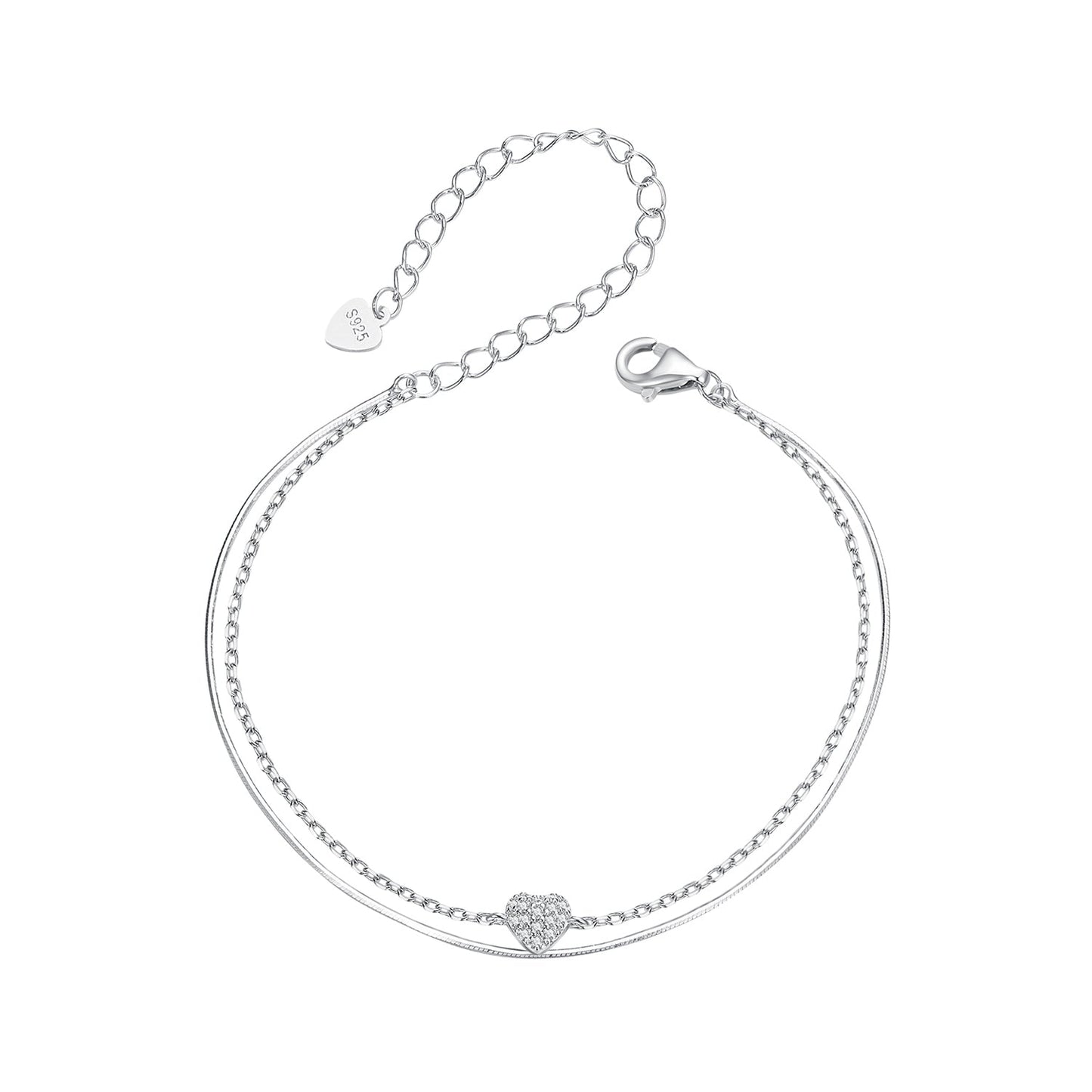 925 Sterling Silver White Gold Plated Heart-Shaped Bracelet with CZ, Length 150+60mm