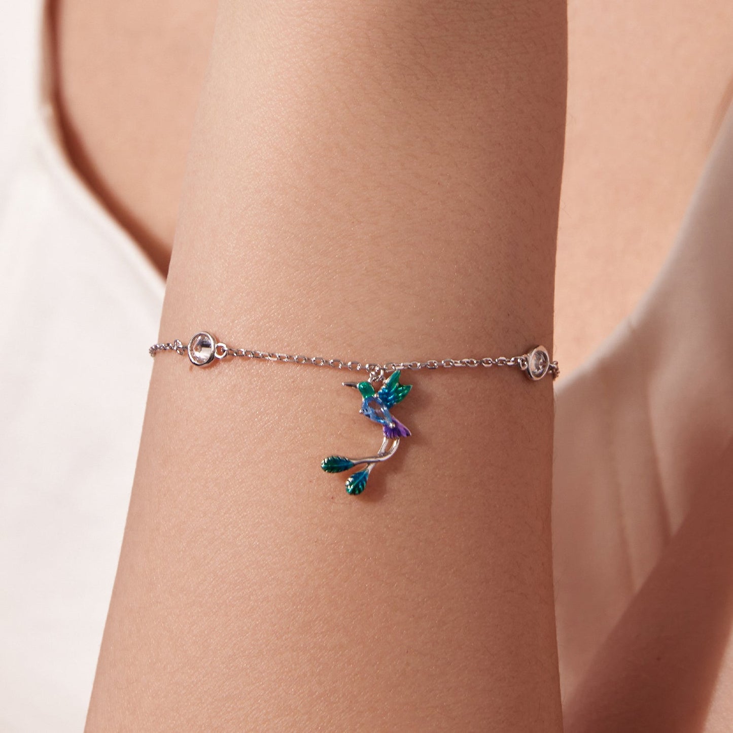 925 Sterling Silver Enamel Pavé CZ White Gold Bracelet for Women 15+6cm