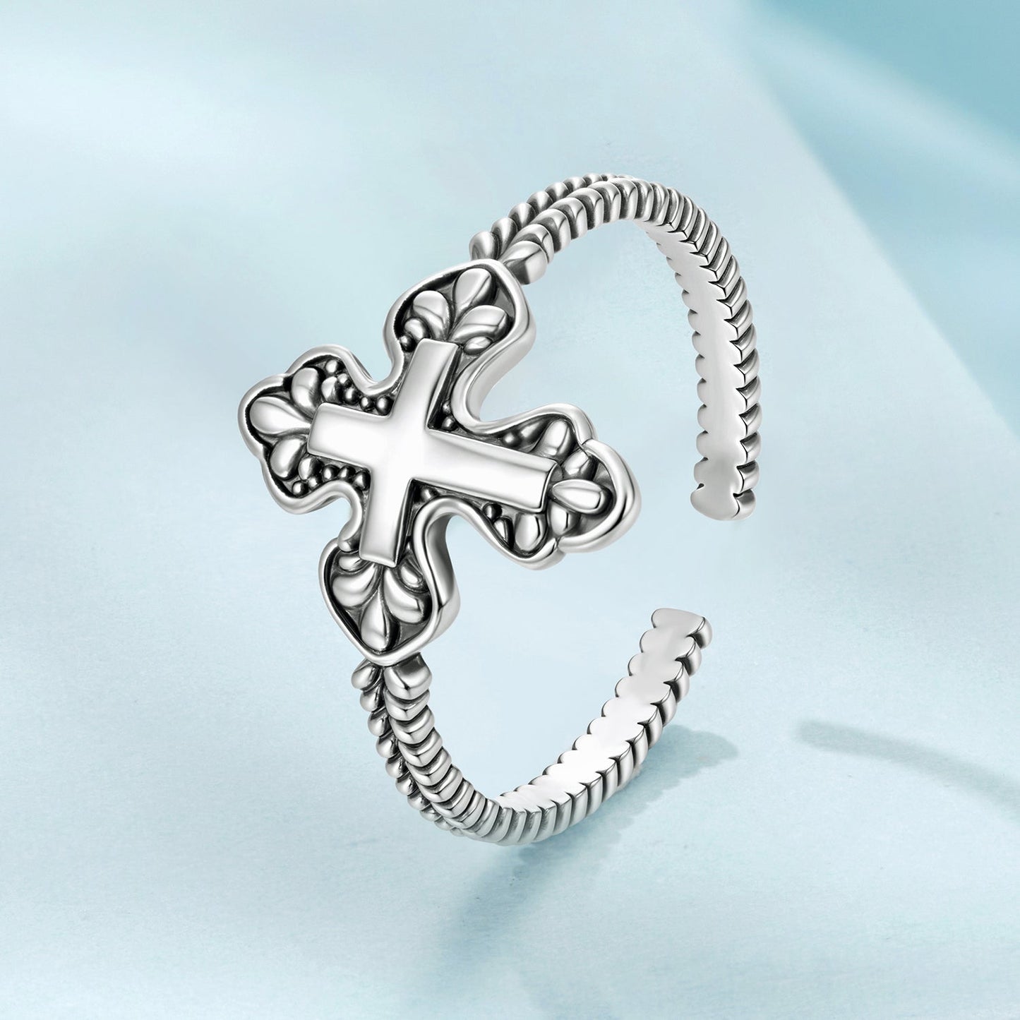 925 Sterling Silver Oxidized Silver 0.18cm Crucifix Adjustable Ring for Women