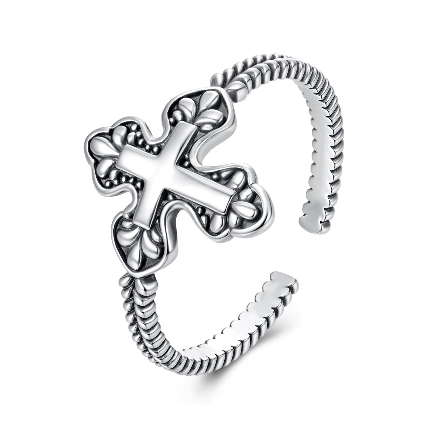 925 Sterling Silver Oxidized Silver 0.18cm Crucifix Adjustable Ring for Women