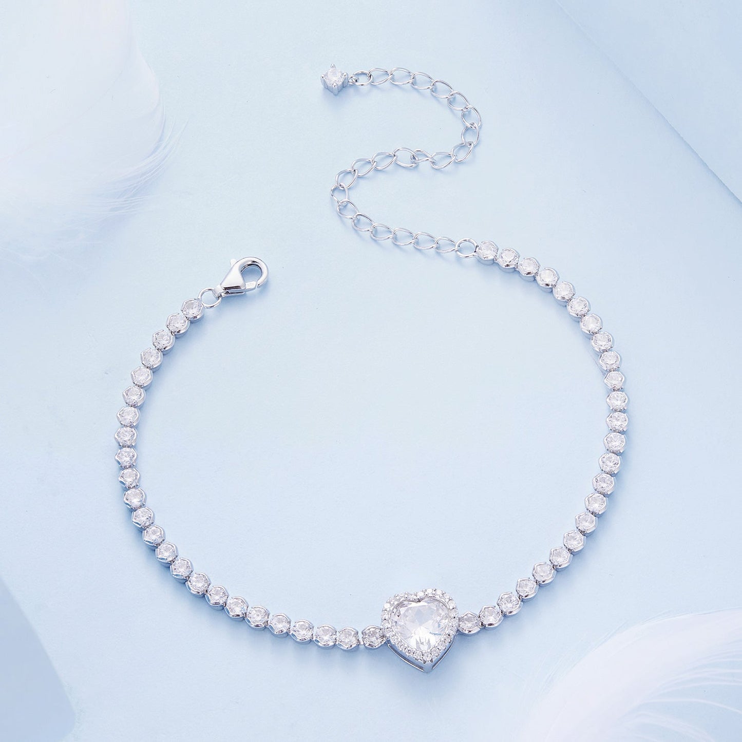 925 Sterling Silver Bracelet with CZ Zircon, 15+6.5cm, Platinum Plated for Women
