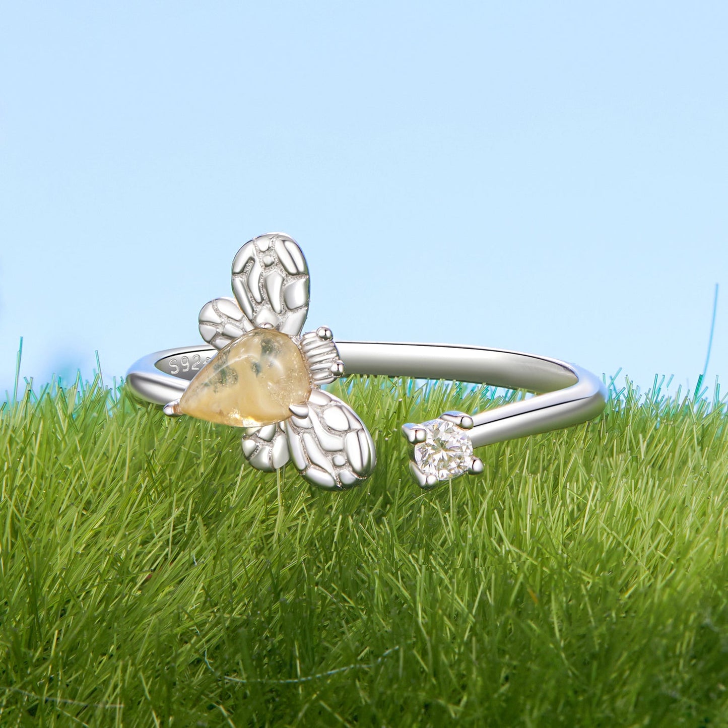 925 Sterling Silver White Gold Plated Jade Ring with CZ for Women