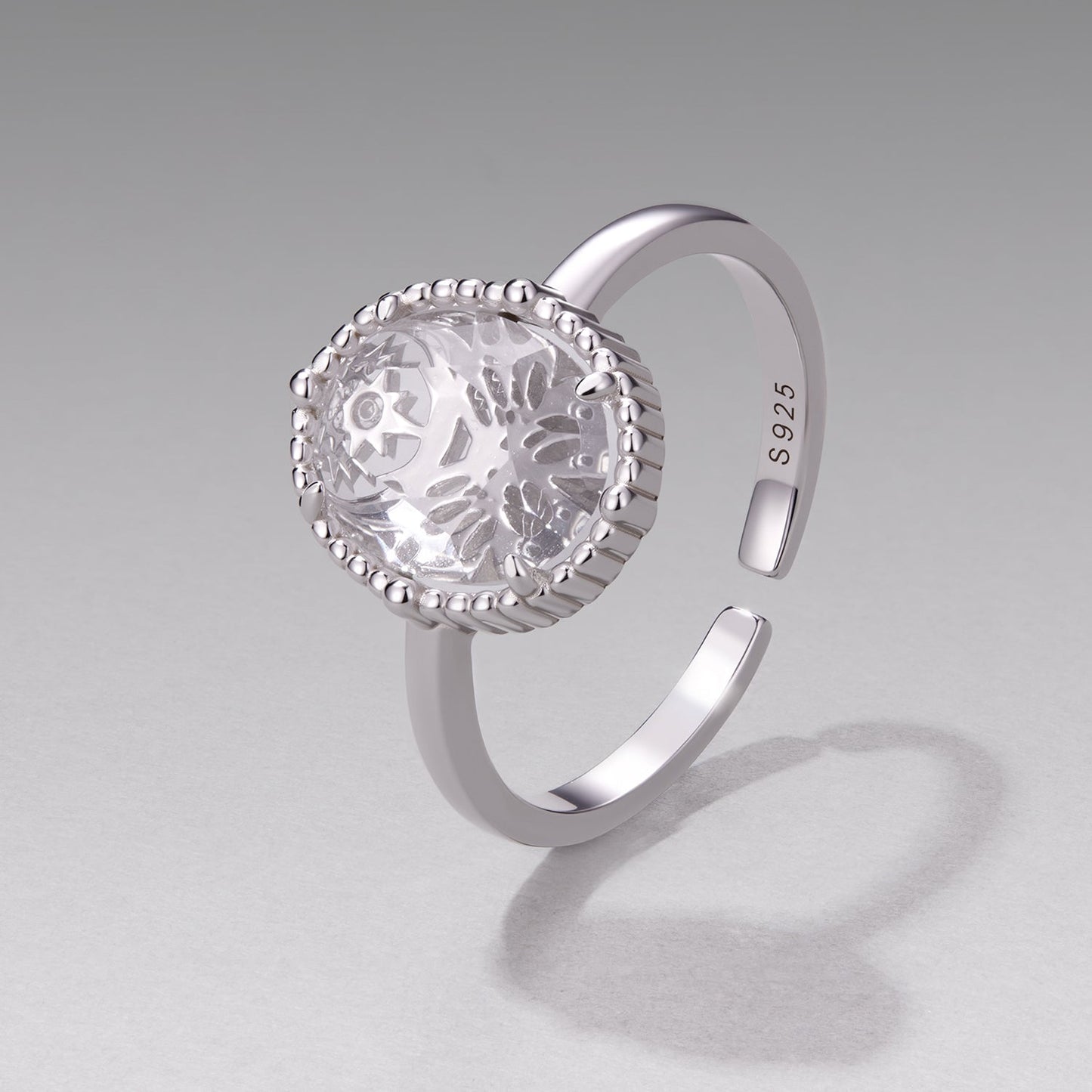 925 Sterling Silver Pavé Setting CZ White Gold Plated Ring with Transparent Glass for Women