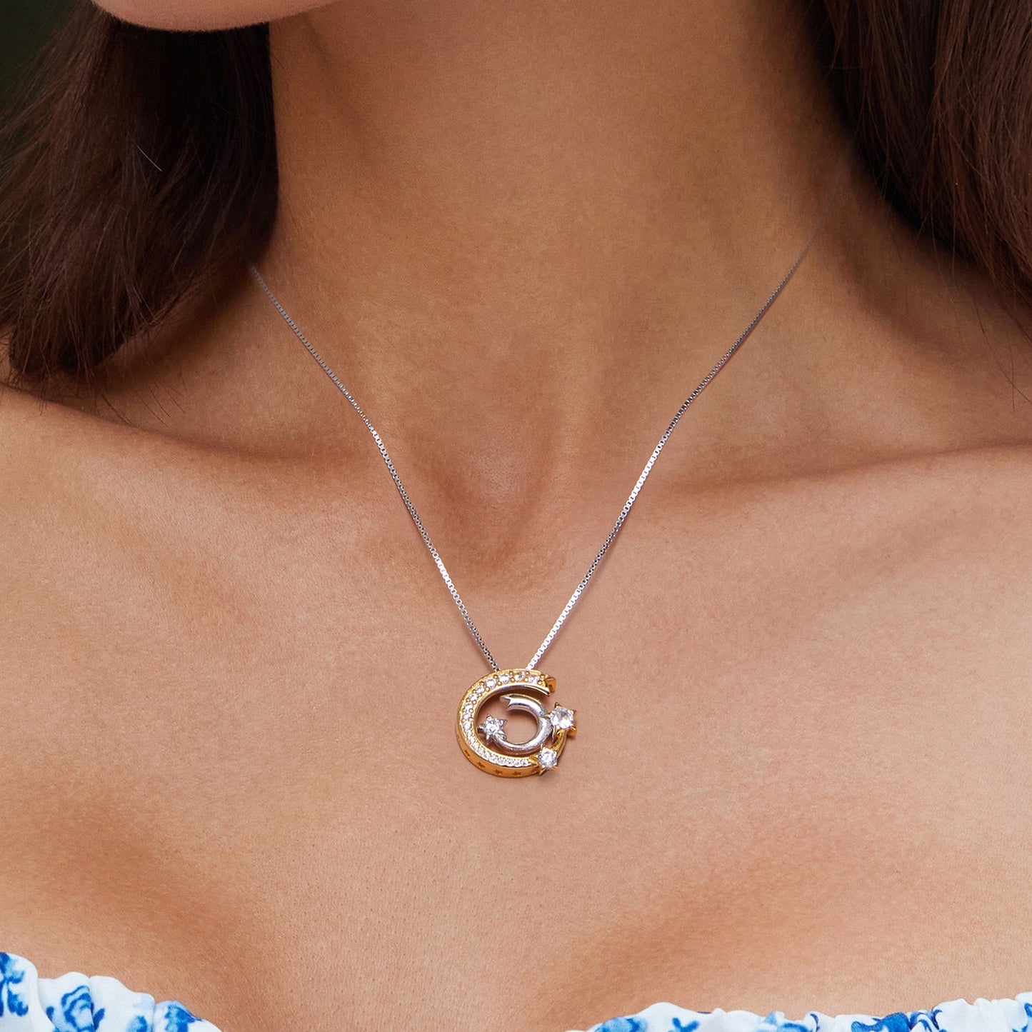 925 Sterling Silver Necklace with Pavé Setting CZ & Plated Gold - 400mm Length