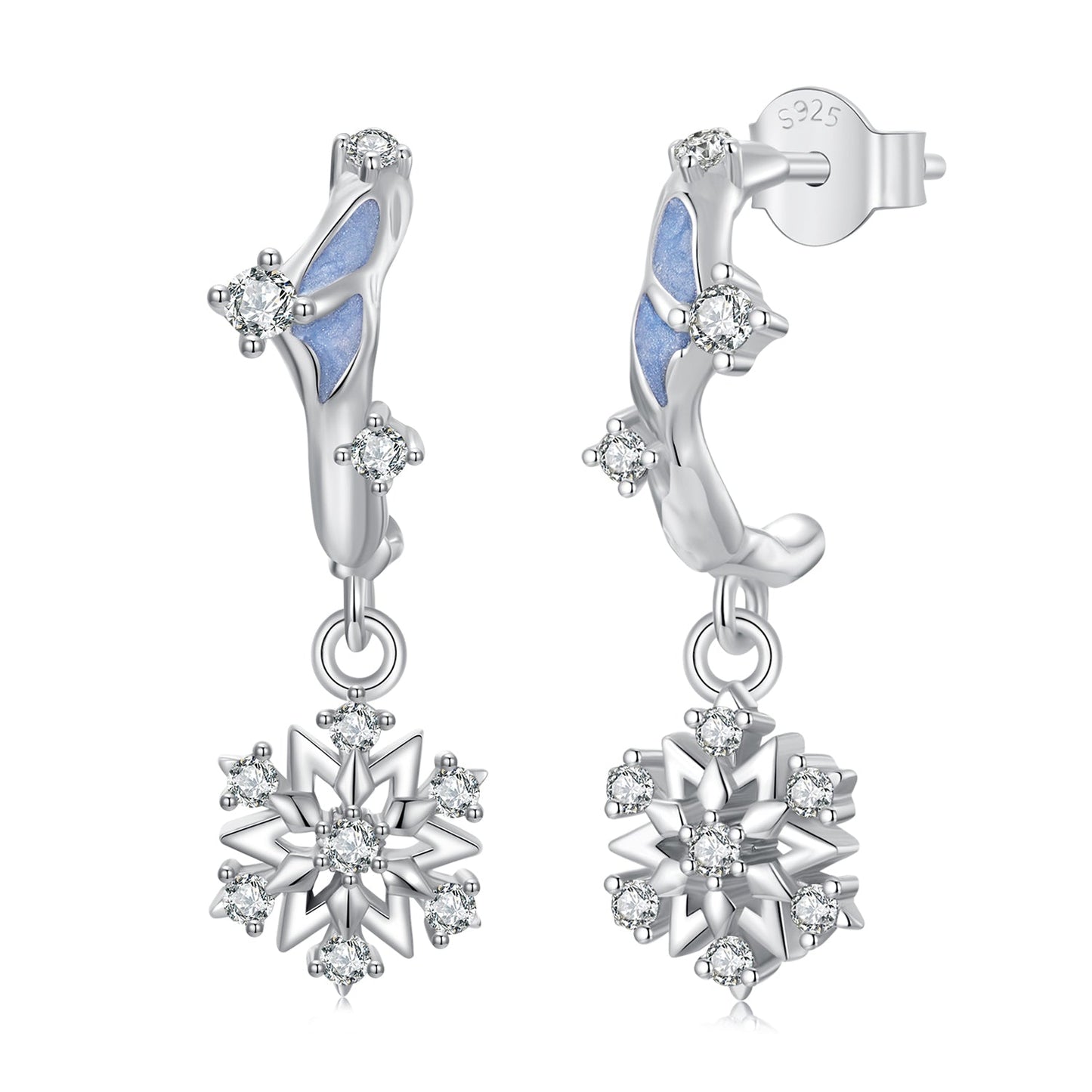 925 Sterling Silver Earrings with Plated White Gold, 2.2*0.7cm, Enamel + Pavé Setting for Women