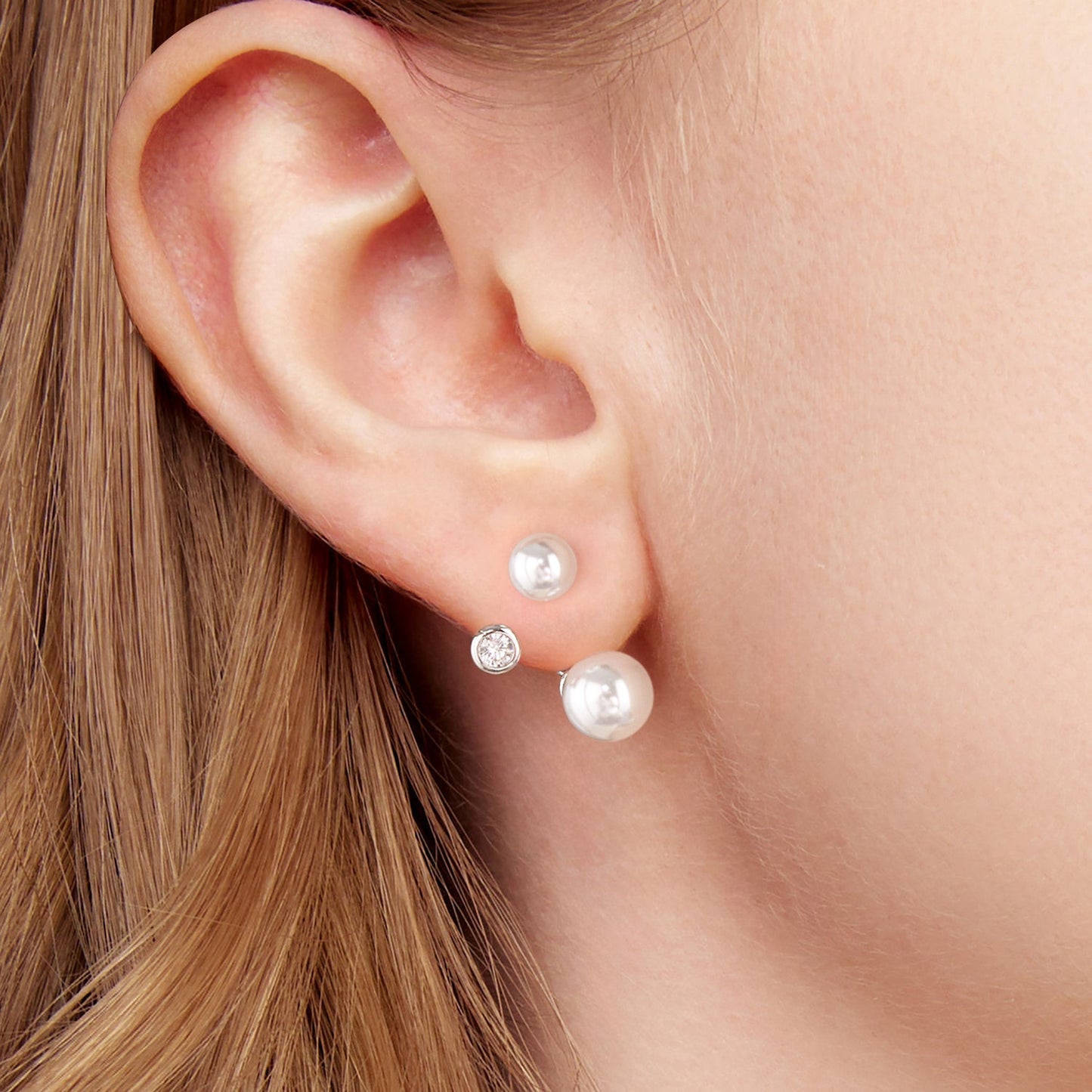 925 Sterling Silver Earrings with CZ and Synthetic Pearl, 1.7cm, White Gold Plated for Women