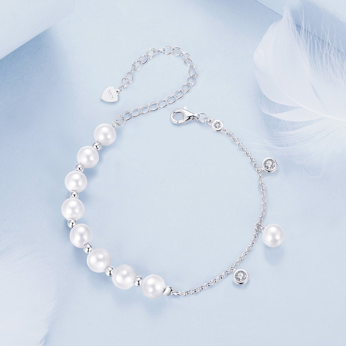 925 Sterling Silver 15+6cm White Gold Plated Bracelet with Quality Shell Pearl & CZ for Women
