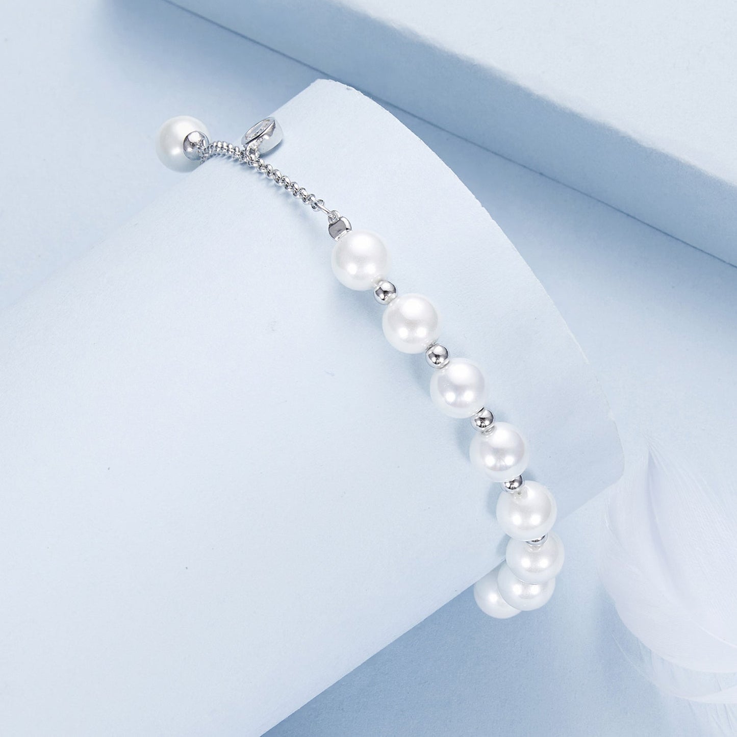 925 Sterling Silver 15+6cm White Gold Plated Bracelet with Quality Shell Pearl & CZ for Women