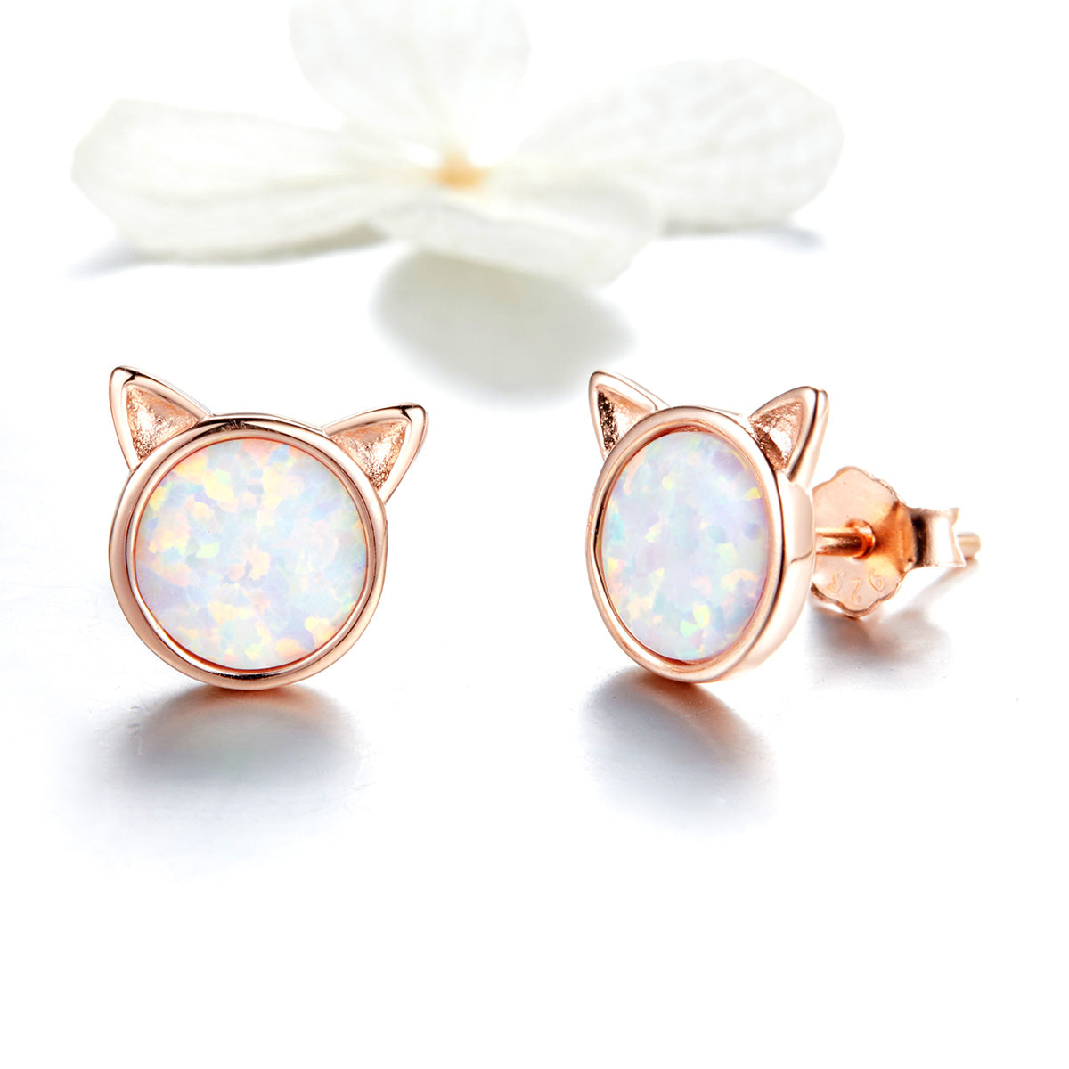 925 Sterling Silver Plated Rose Gold Opal Earrings 0.8cm for Women