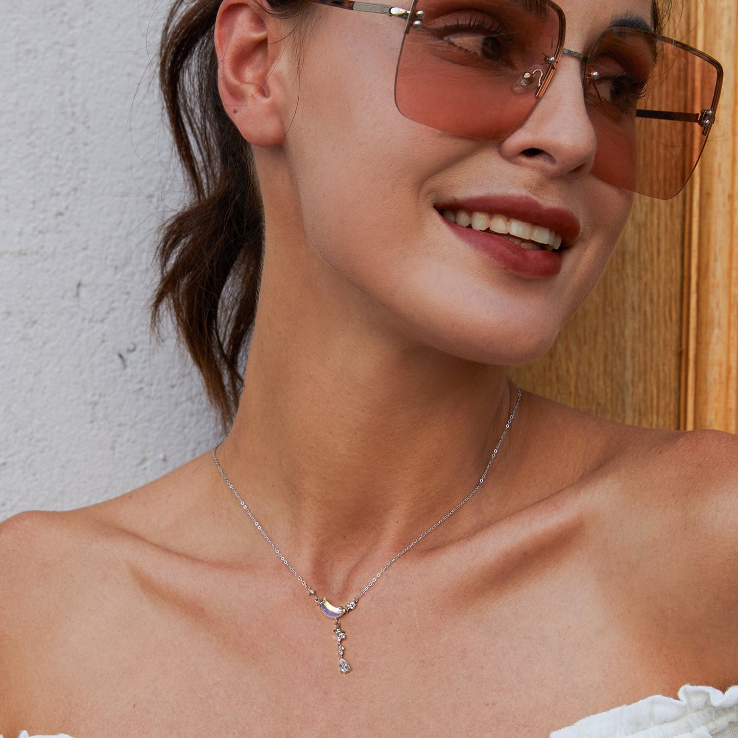 925 Sterling Silver Pendant Necklace with CZ and Transparent Glass for Women