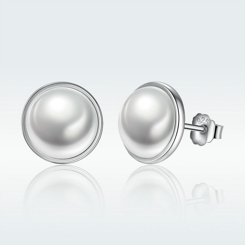 925 Sterling Silver Earrings with Pavé Setting, Quality Shell Pearl, 9mm for Women