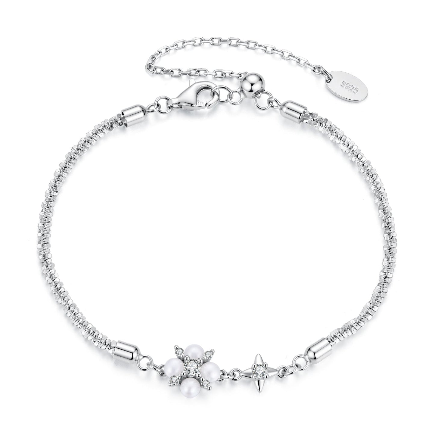 925 Sterling Silver Adjustable Moissanite & Natural Pearl Bracelet for Women