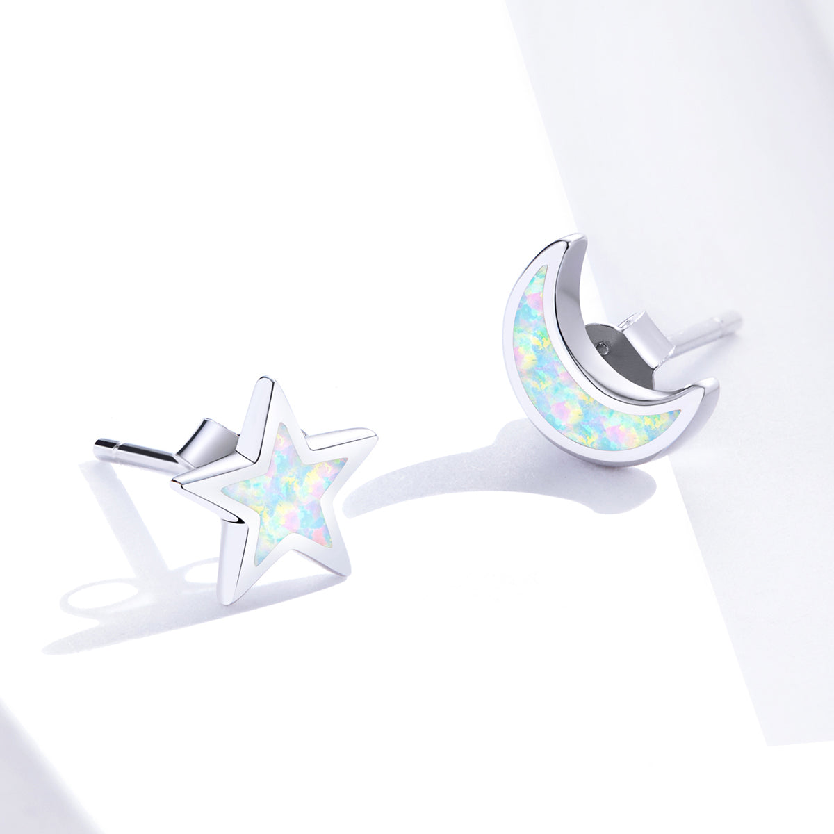 925 Sterling Silver Opal Earrings for Women - Star & Moon Design