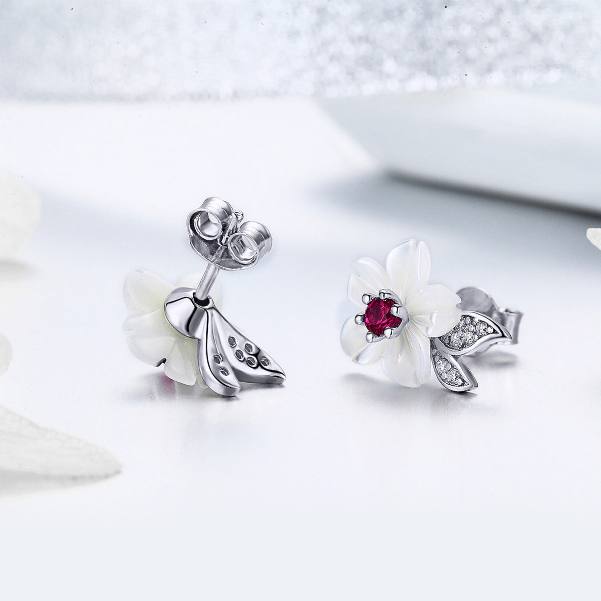 925 Sterling Silver Earrings with Pavé Setting CZ and High-Quality Nacre