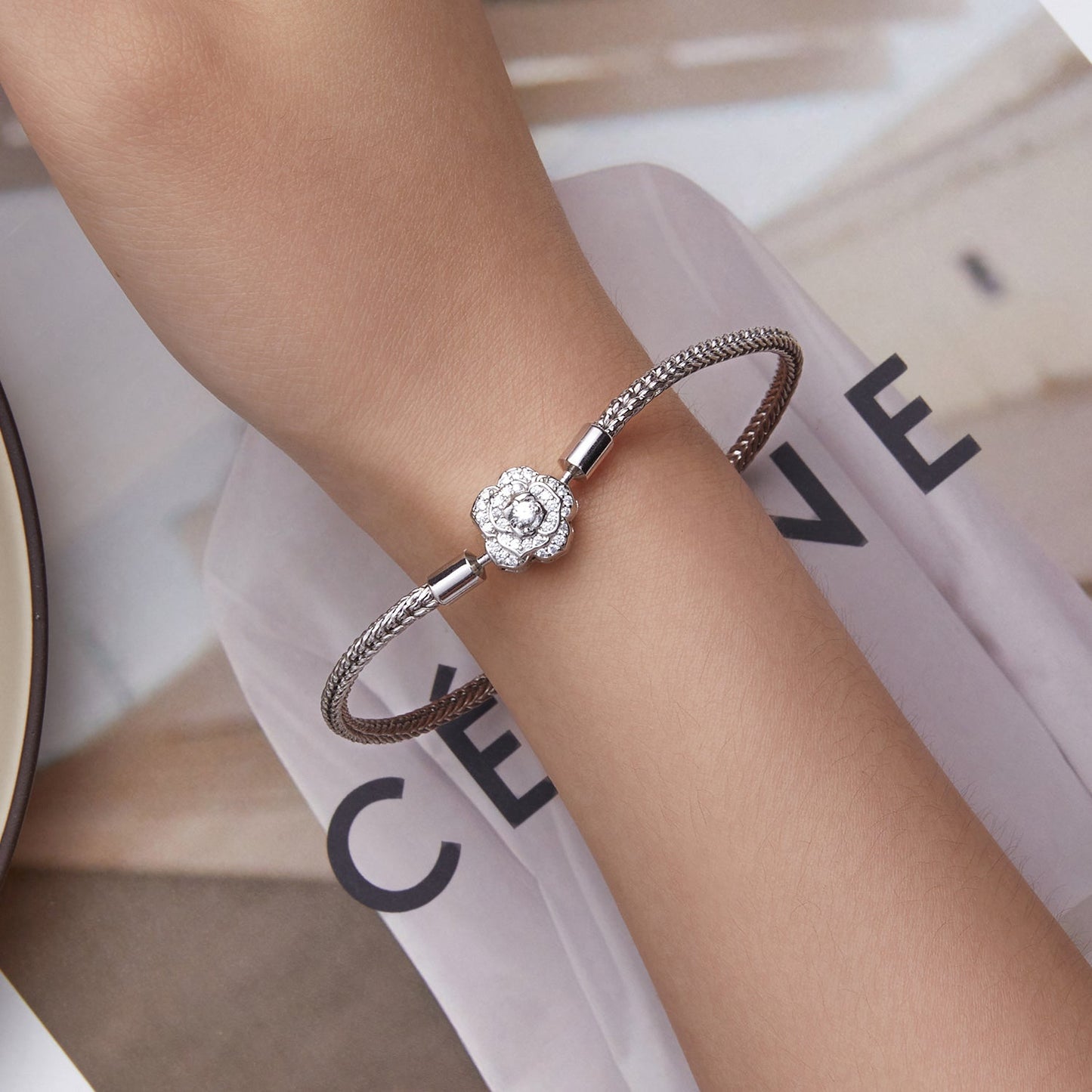 925 Sterling Silver Bracelet with Pavé Setting CZ, 17cm for Women