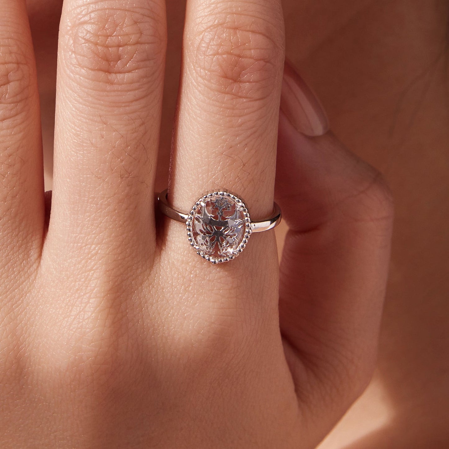 925 Sterling Silver Pavé Setting CZ White Gold Plated Ring with Transparent Glass for Women
