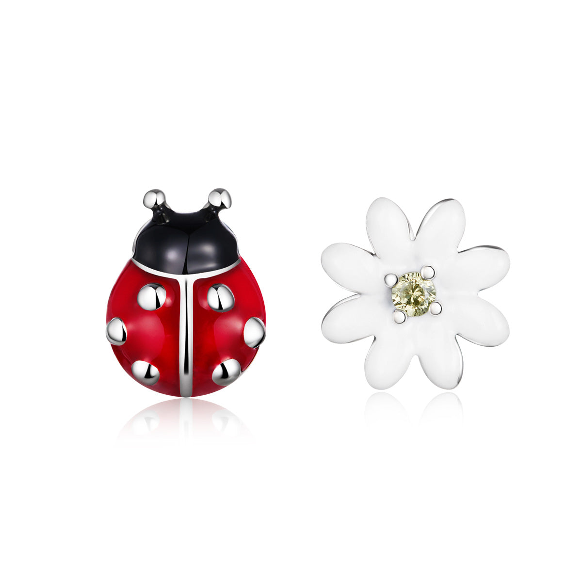 925 Sterling Silver Earrings with Enamel - Bug 1.0 x 0.8 cm, Flower 0.9 x 0.9 cm - Women