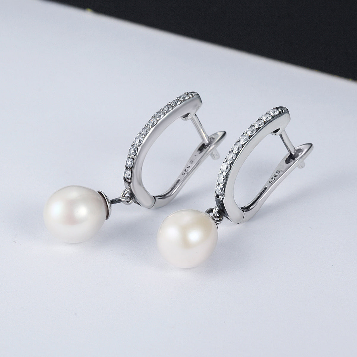 925 Sterling Silver Freshwater Pearl Earrings with Pavé Setting CZ for Women