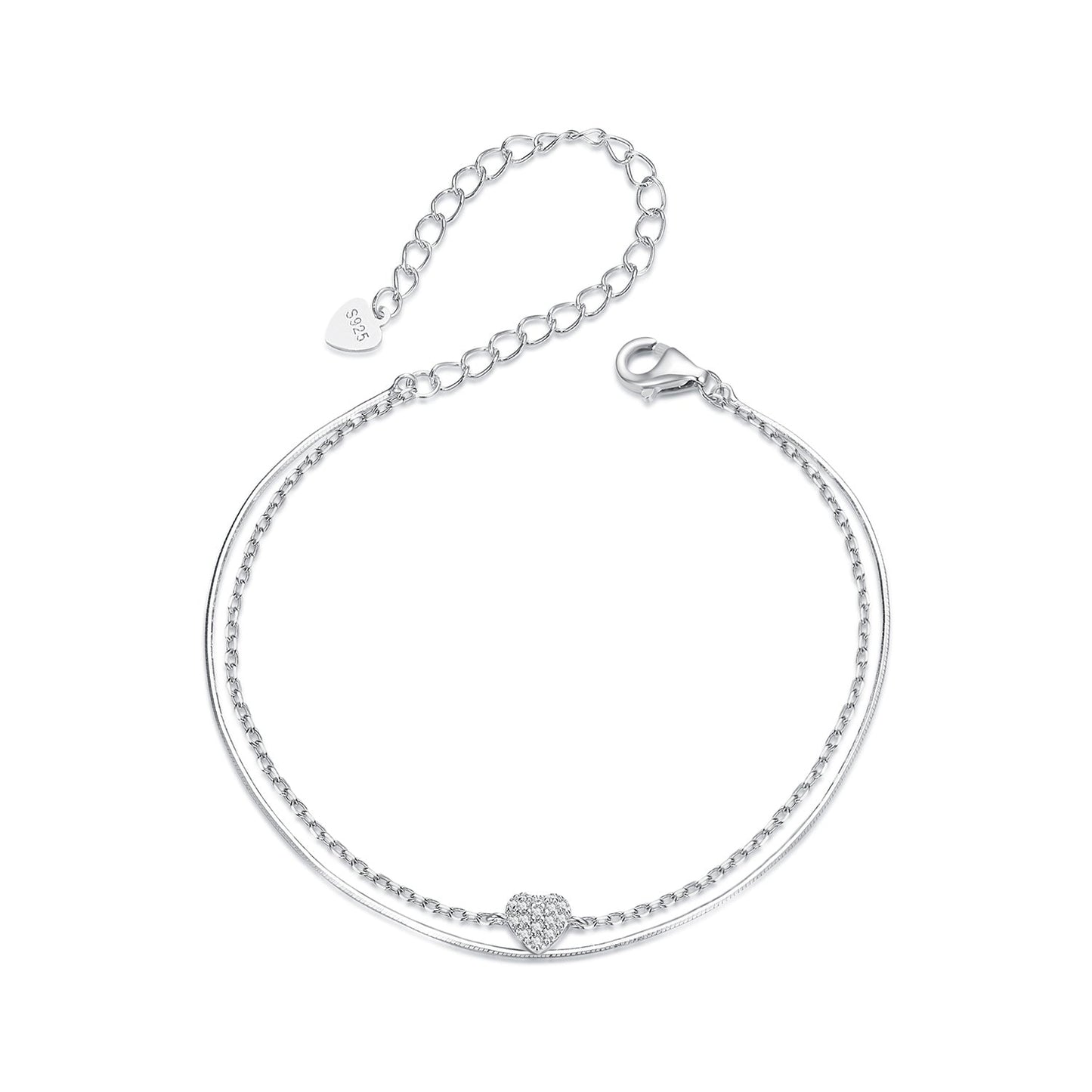 925 Sterling Silver White Gold Plated Heart-Shaped Bracelet with CZ, Length 150+60mm