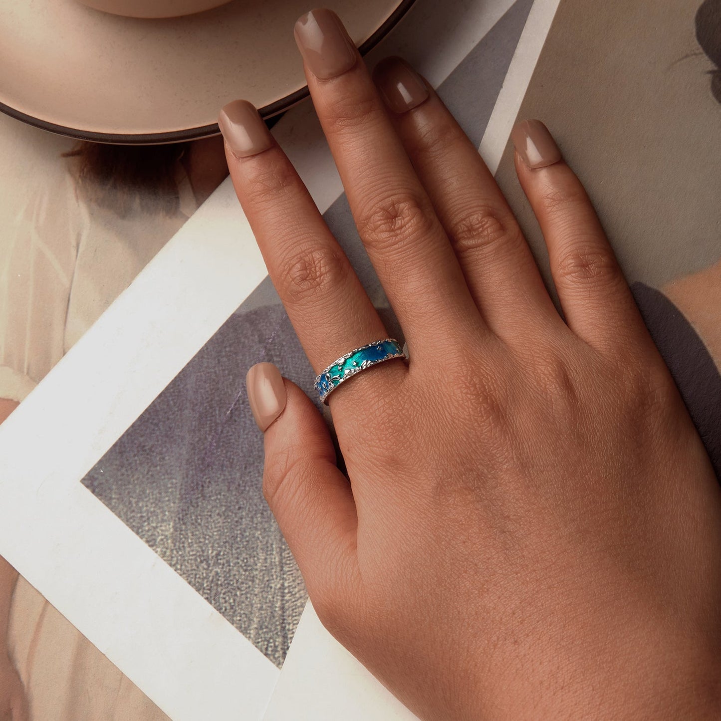925 Sterling Silver Enamel White Gold Plated 5mm Ring